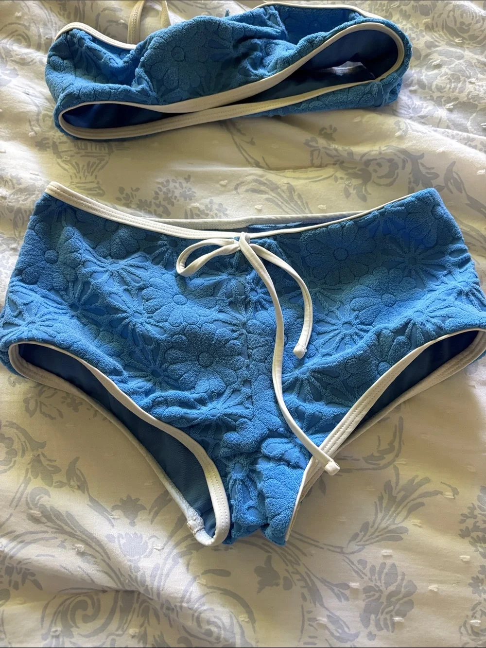 Girls Blue Floral Lace Bikini Set with Contrast Trim